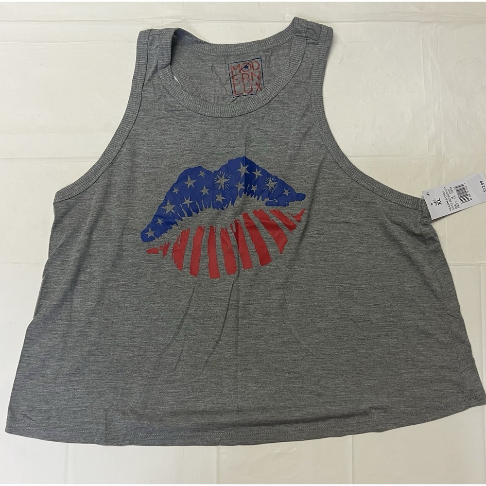 Modernlux Patriotic Lip Sleeveless Gray T-shirt Women's Size XL